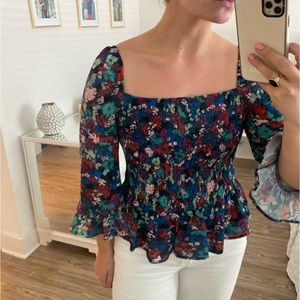 NWOT Square neck ruched floral blouse
